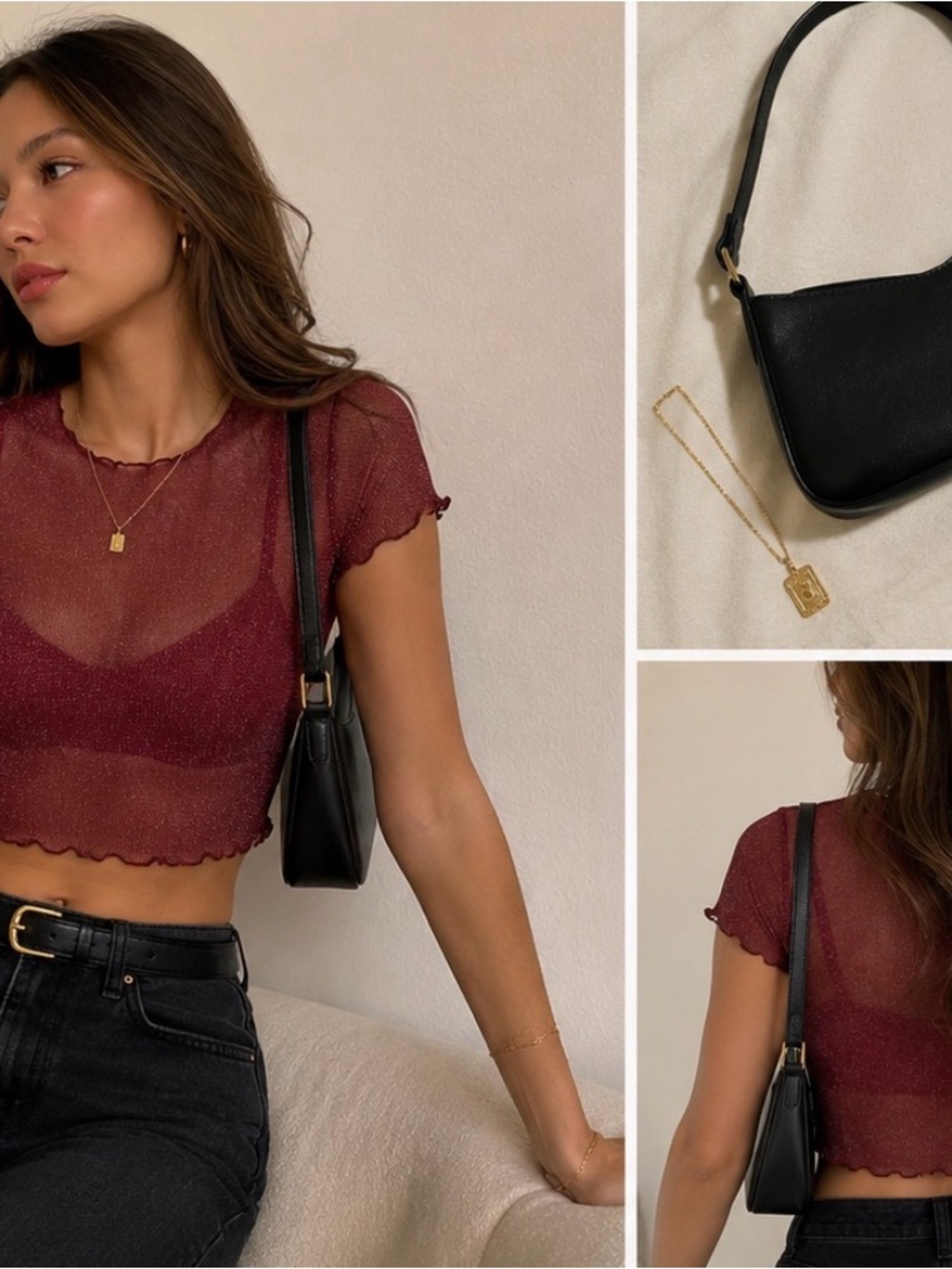 Sheer Sparkle Burgundy Crop Top - Women's Short Sleeve